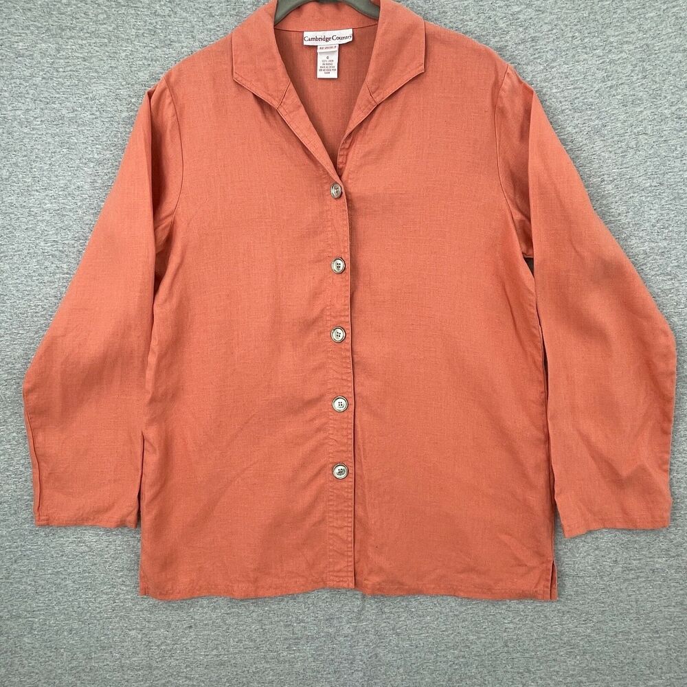 Vintage Cambridge Country Linen Blouse Womens 6 Orange Button Up Top Long Sleeve